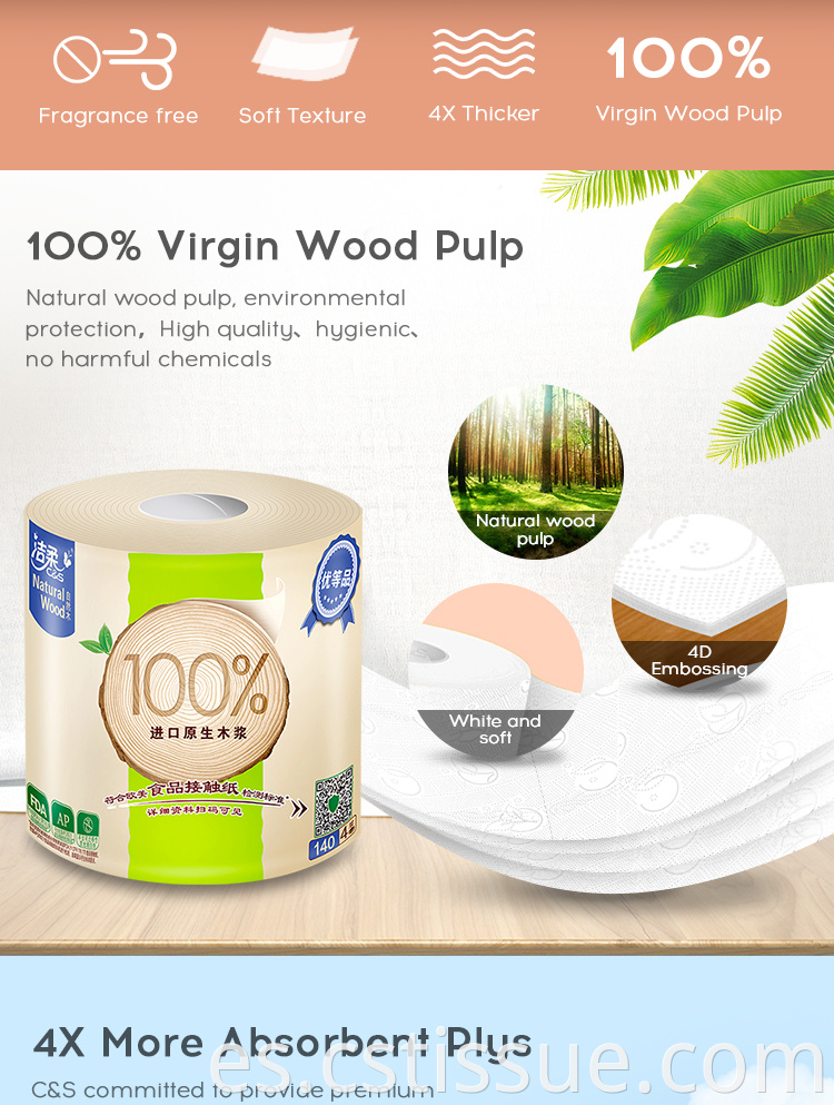 Nuevo rollo de inodoro biodegradable de agua de pulpa de madera natural de madera